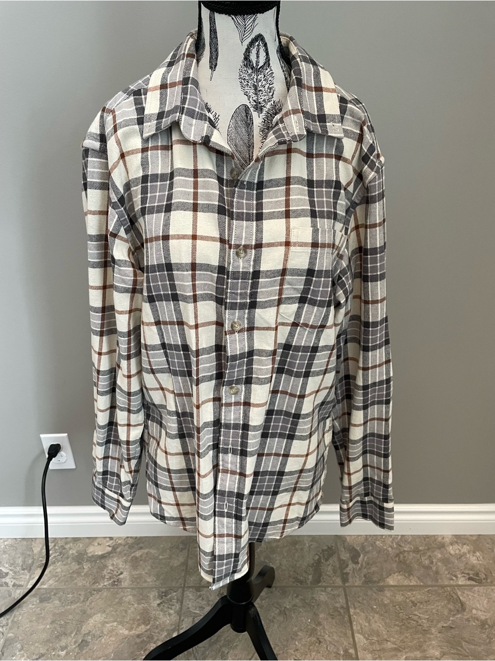 Eddie Bauer Gray & Cream Plaid Flannel Shirt with Subtle Tan Lines